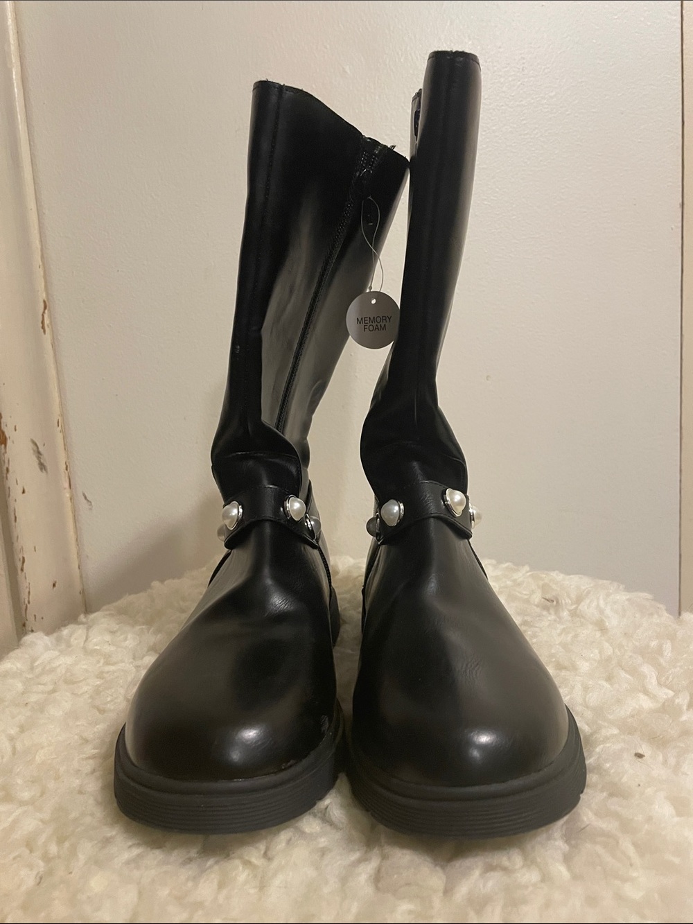 Kohl's Memory Foam Black Zip-Up Mid-Calf Boots with Pearl Accents